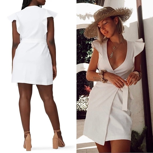 ALC Linen Blend Ruffled Flutter Short Sleeve Tie Waist V-Neck Mini Wrap Dress 10 - Picture 3 of 16